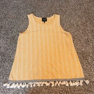 W5 Yellow White Striped Tank Top Tassel Boho Casual Sleeveless Small